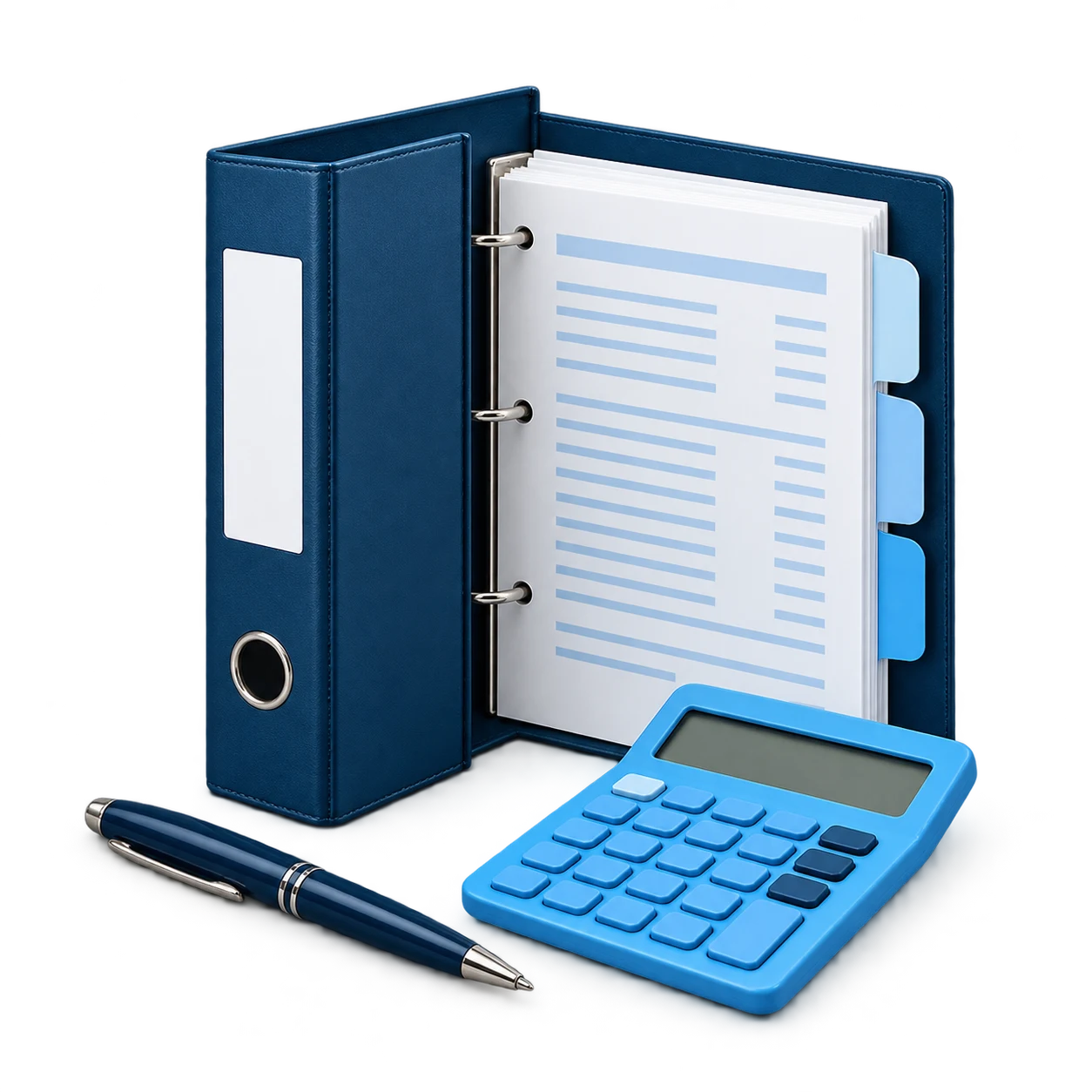 Organized business accounts in a navy binder with a blue calculator