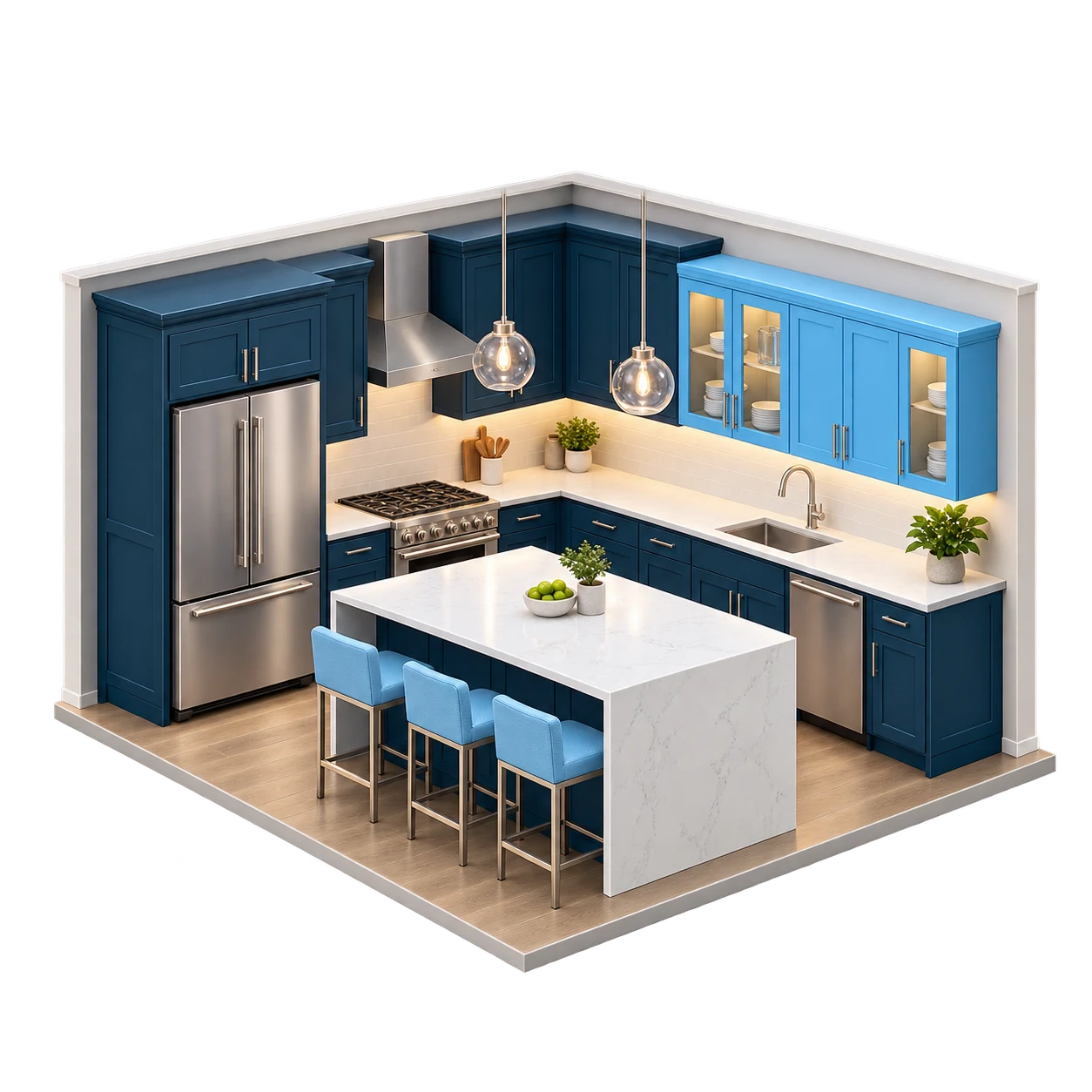 Architectural kitchen model with white counters and navy and blue cabinets