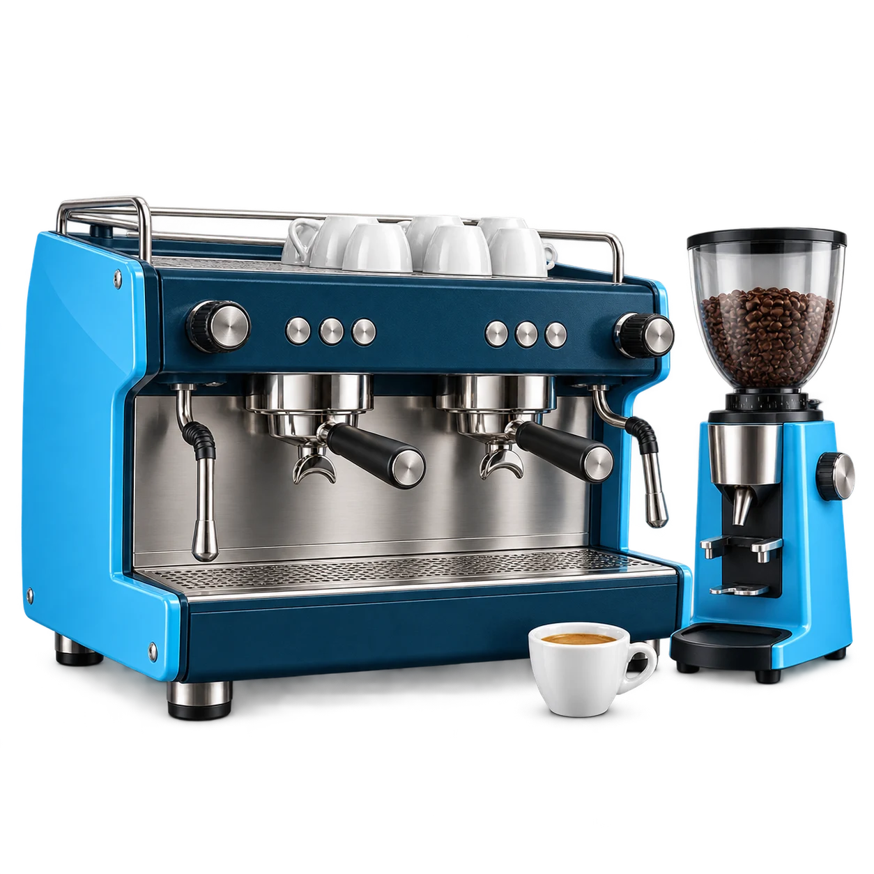 Navy and sky-blue commercial espresso machine and grinder
